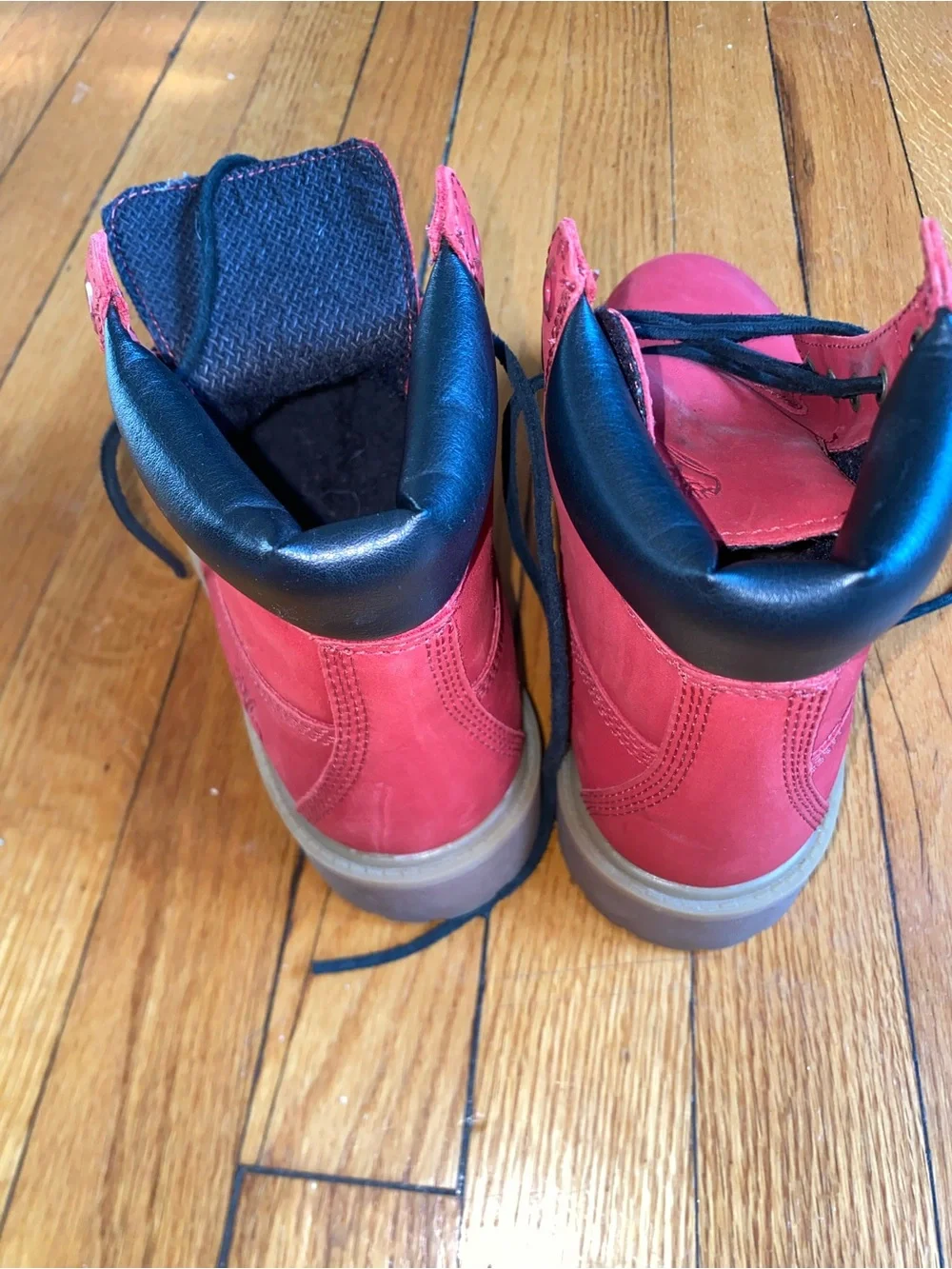 Timberland Kids Red Leather Ankle Boots with Black Collar